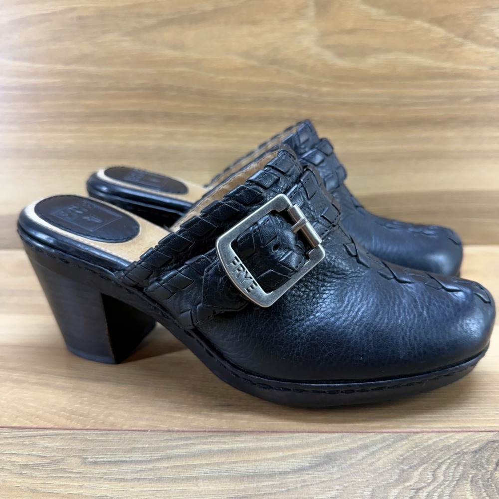 FRYE Candy Lace Buckle Mules‎ Womens 6 Black Leather Clog Stacked Heel Festival